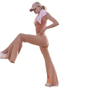 FREE PEOPLE Movement Camel Hot Shot Kick Flares, Front Slit Pants, Size Medium